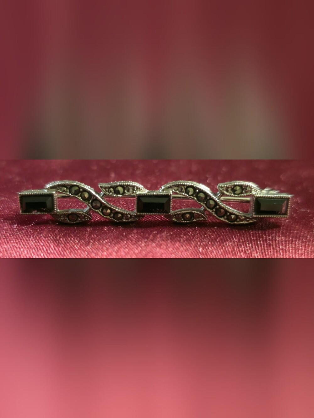 Silver Onyx Marcasite Bar Brooch
